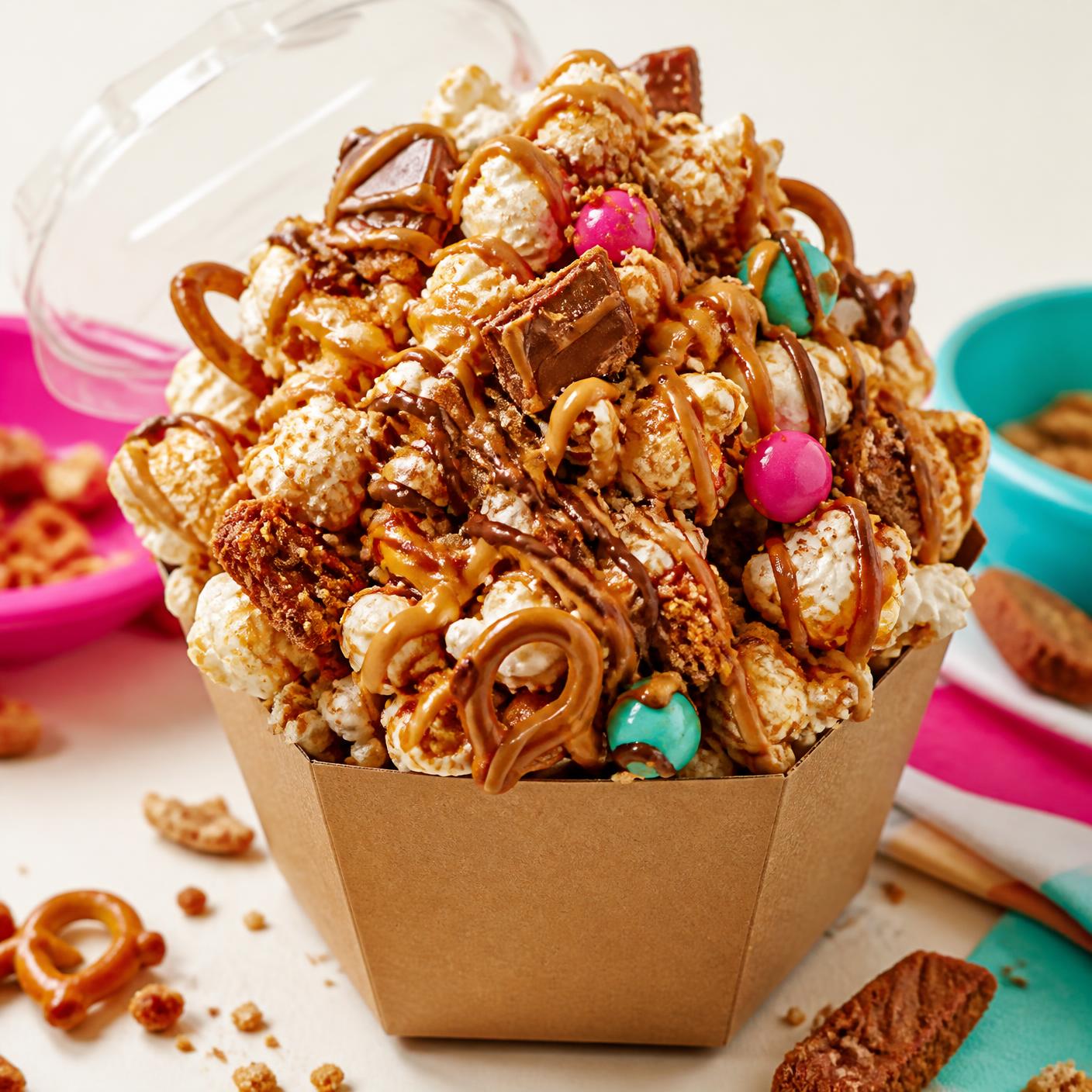 Signature Pop Lab creation: loaded popcorn with cookie butter and caramel drips in a kraft container with a clear lid